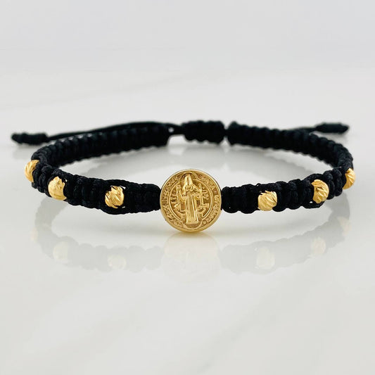 Pulsera Tejida Negra San Benito Oro Amarillo 18K