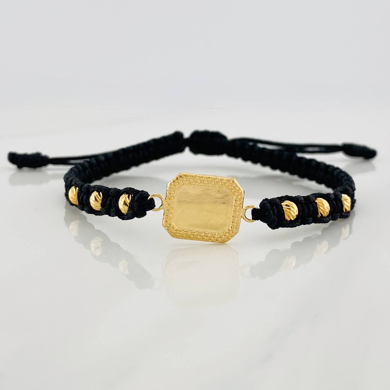 Black Woven Bracelet Square Dotted Plate Yellow Gold 18K