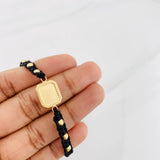 Black Woven Bracelet Square Dotted Plate Yellow Gold 18K