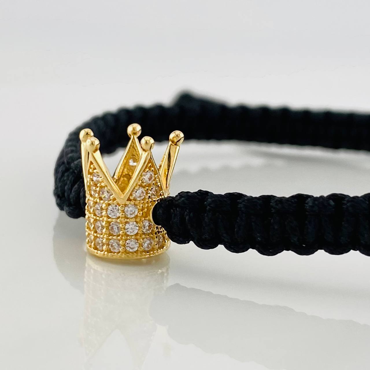 Black Woven Bracelet with Crown Yellow Gold 18K