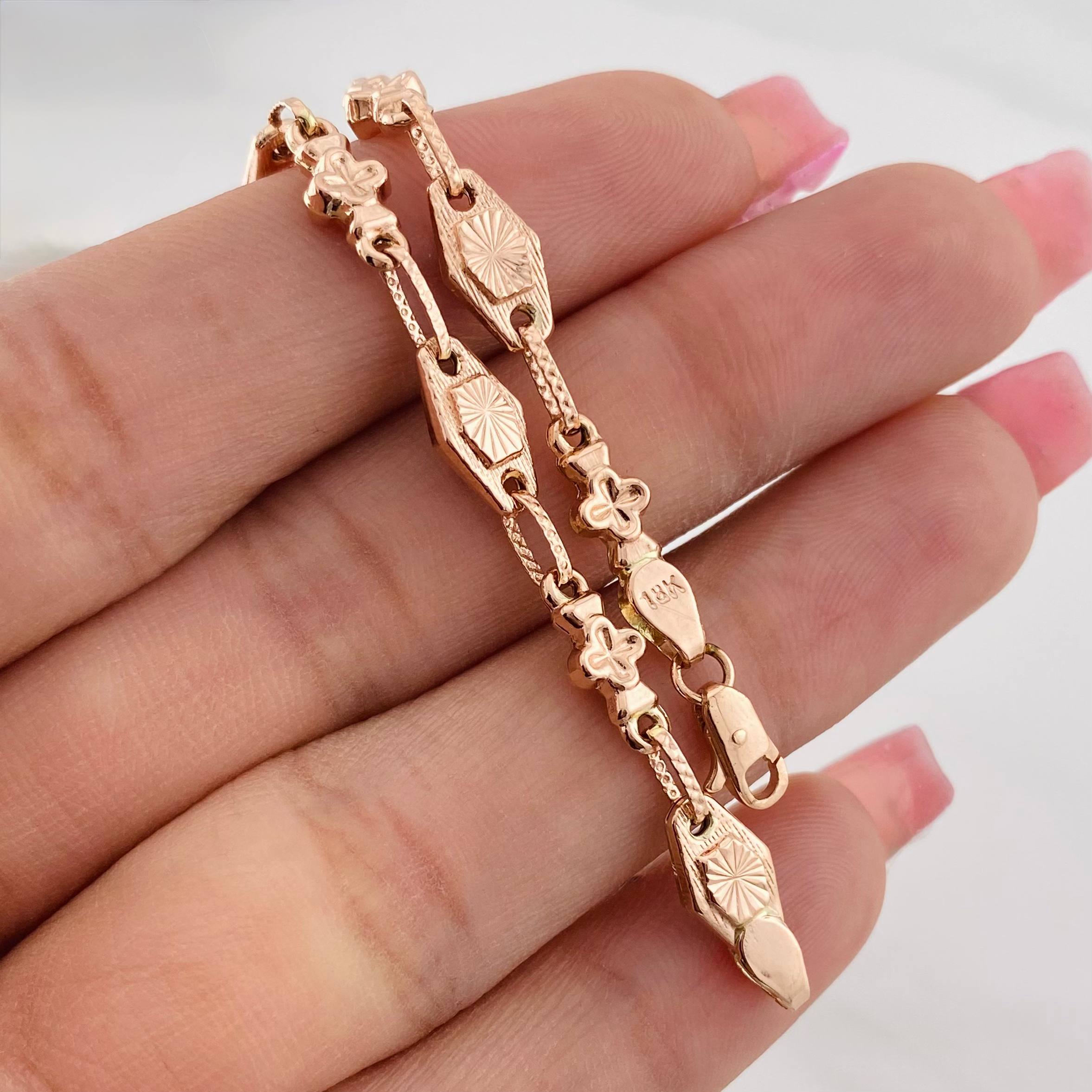 Pulso Rustico Eslabón Flor 4.5g / 7 3/4 in / 6.1mm Oro Rosa 18K