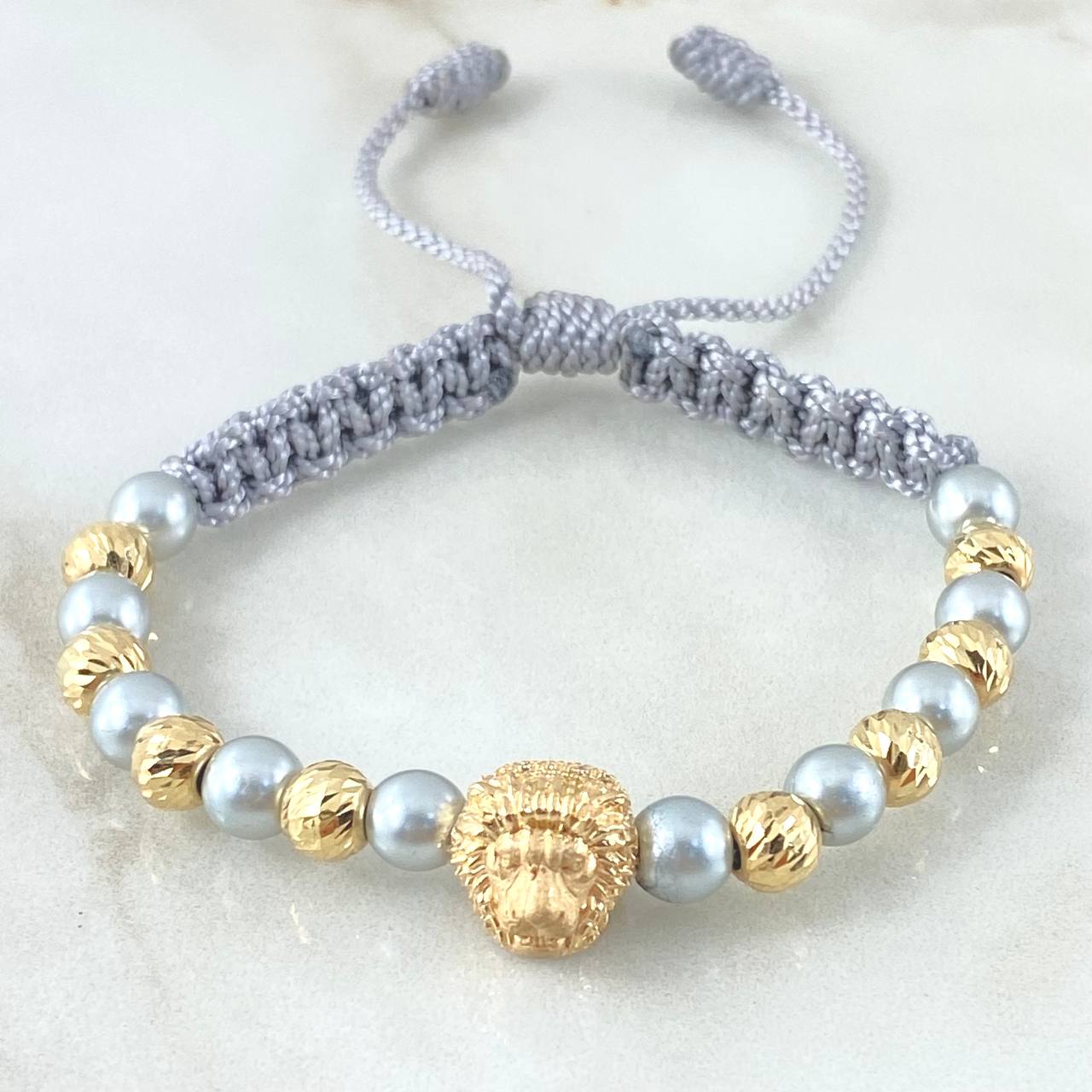 Gray Bracelet Charm Thick Lion 4.6gr / 6mm Beads Diamond Cut 8pcs 18K Yellow Gold ©