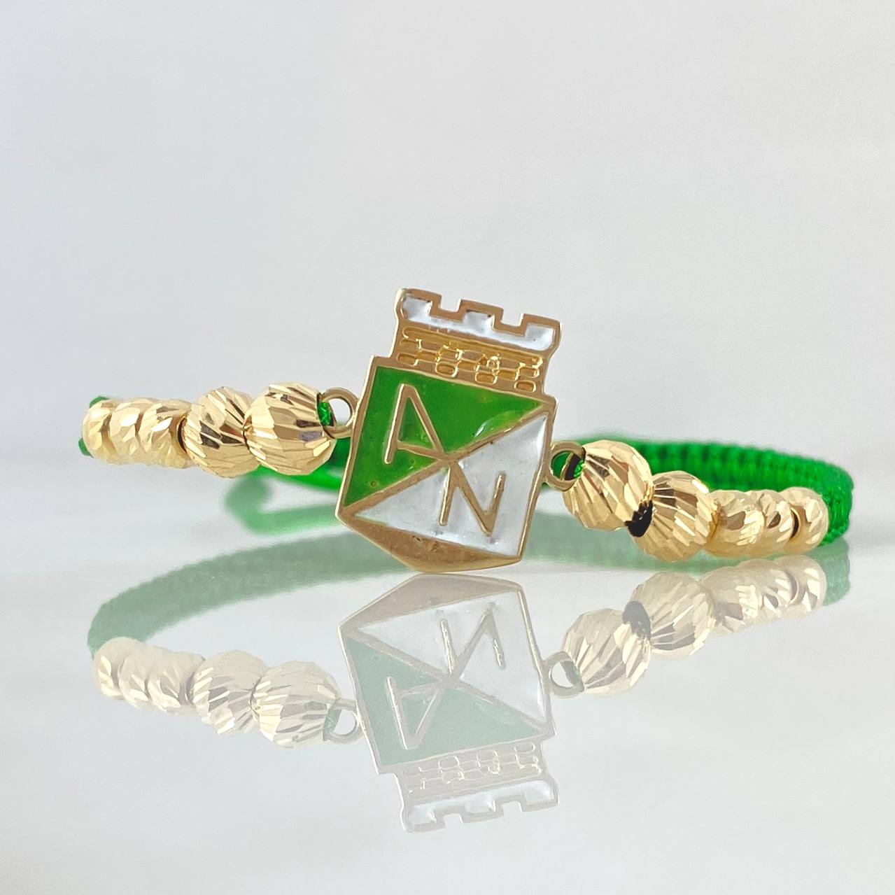 Pulsera Verde Herraje Escudo Nacional 2.3gr / 4mm-5mm Bolas Diamantadas 10und  Oro Amarillo 18K ©