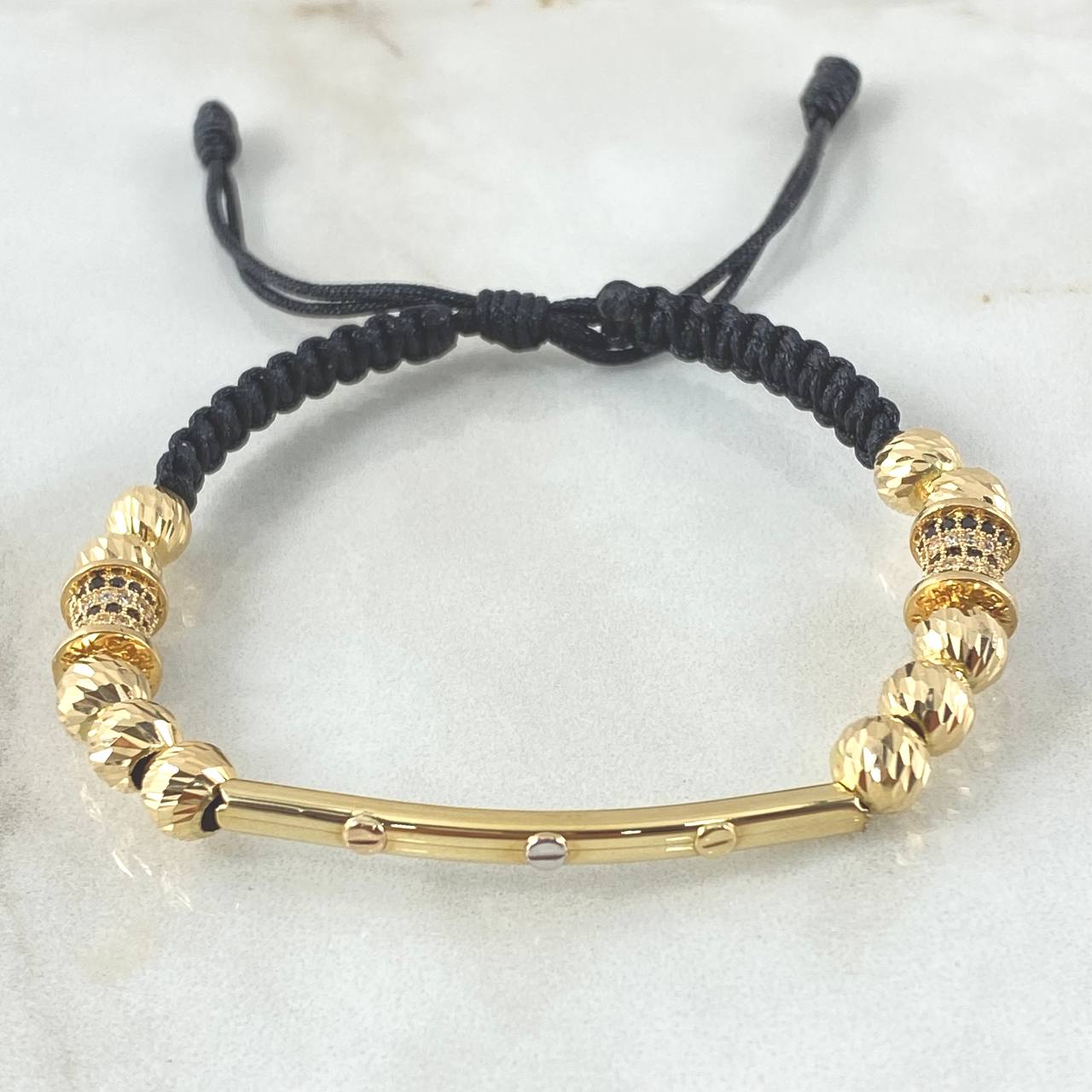 Black Bracelet Charm Cylinder Trio of Nails 5.75gr / 6mm Beads Diamond Cut 10 units Cylinders 2 units Three 18K Gold ©