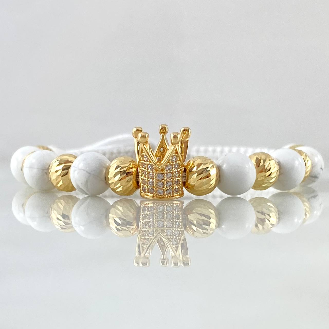 White Bracelet Charm Dotted Crown 3.2gr / 6mm Beads Diamond Cut 8pcs 18K Yellow Gold ©