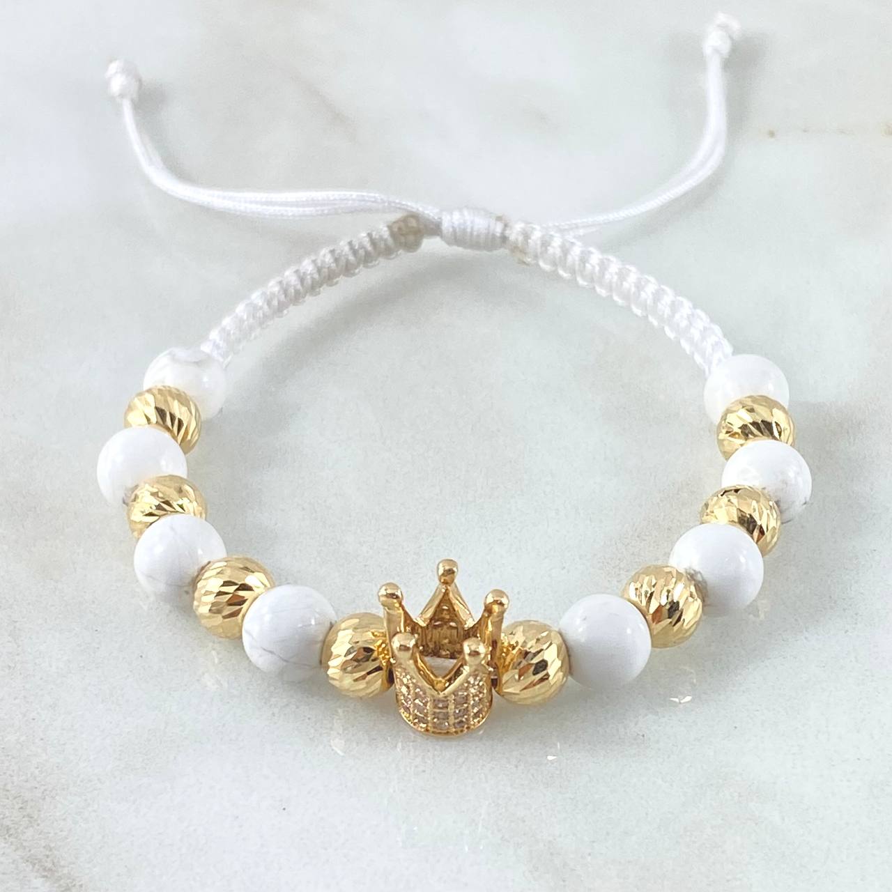 White Bracelet Charm Dotted Crown 3.2gr / 6mm Beads Diamond Cut 8pcs 18K Yellow Gold ©