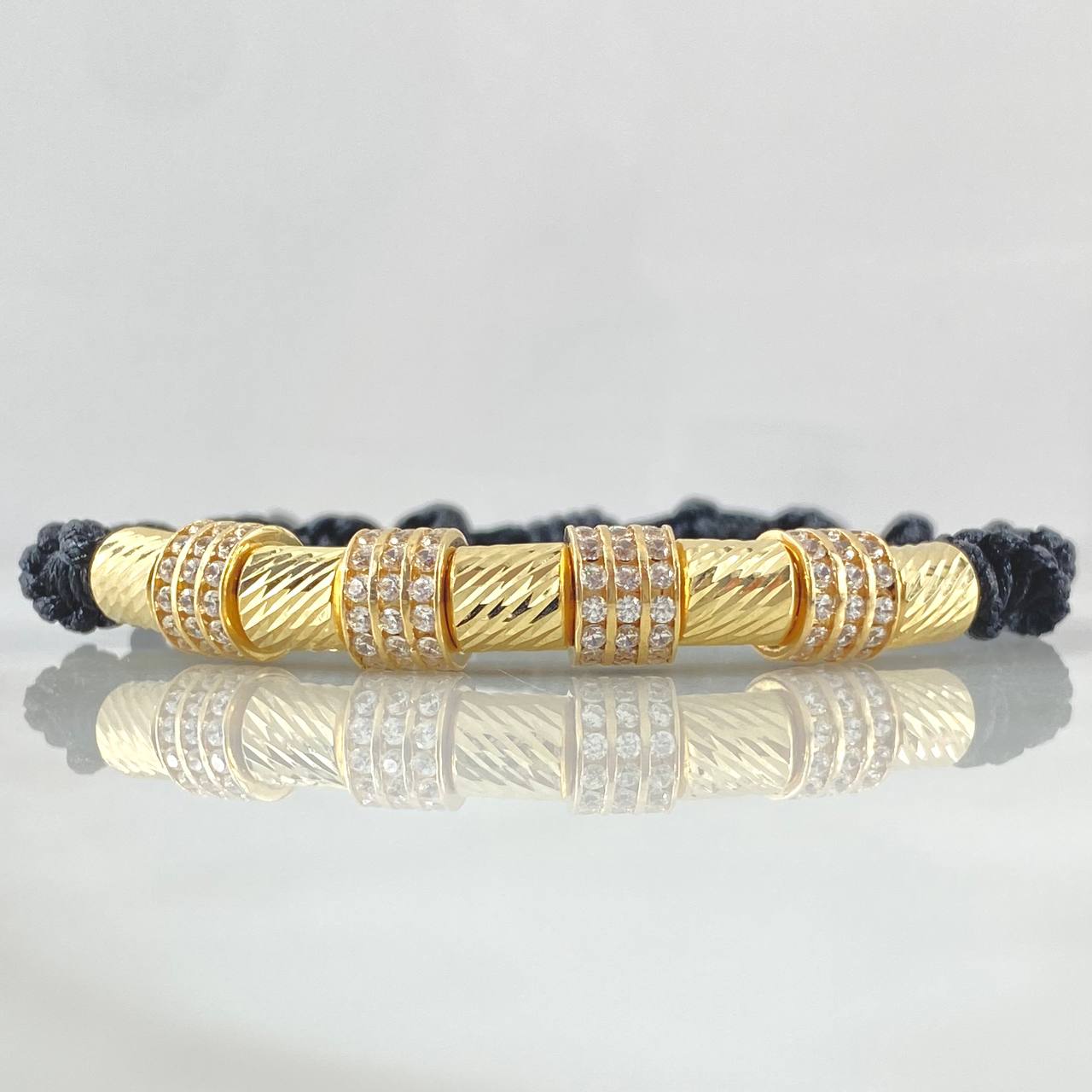 Black Bracelet Charm Triple Wheel White Zircons 6.1gr / 6mm Cylinders Diamond Cut 5 units 18K Yellow Gold ©