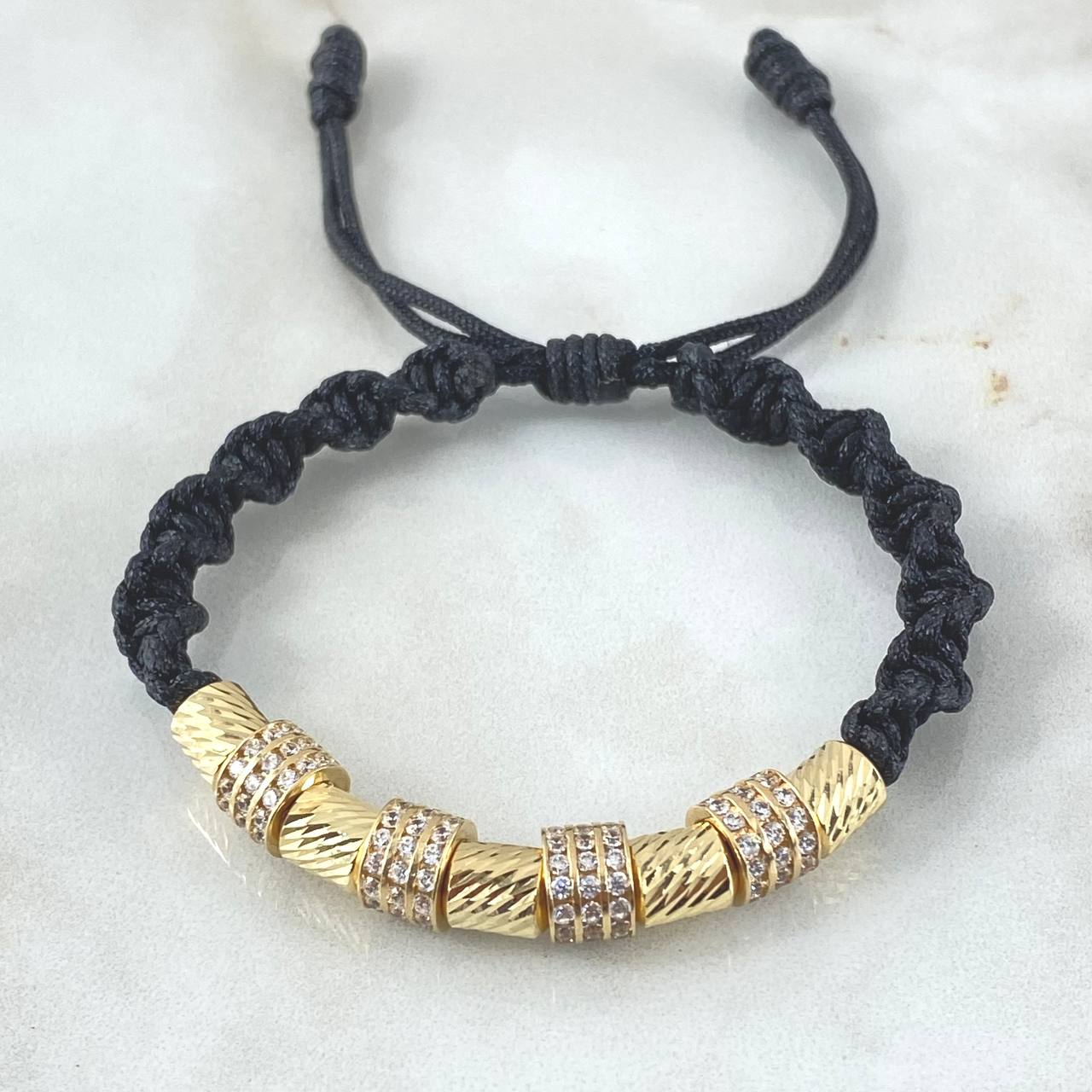 Black Bracelet Charm Triple Wheel White Zircons 6.1gr / 6mm Cylinders Diamond Cut 5 units 18K Yellow Gold ©