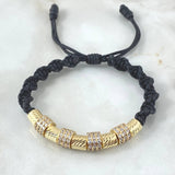 Black Bracelet Charm Triple Wheel White Zircons 6.1gr / 6mm Cylinders Diamond Cut 5 units 18K Yellow Gold ©