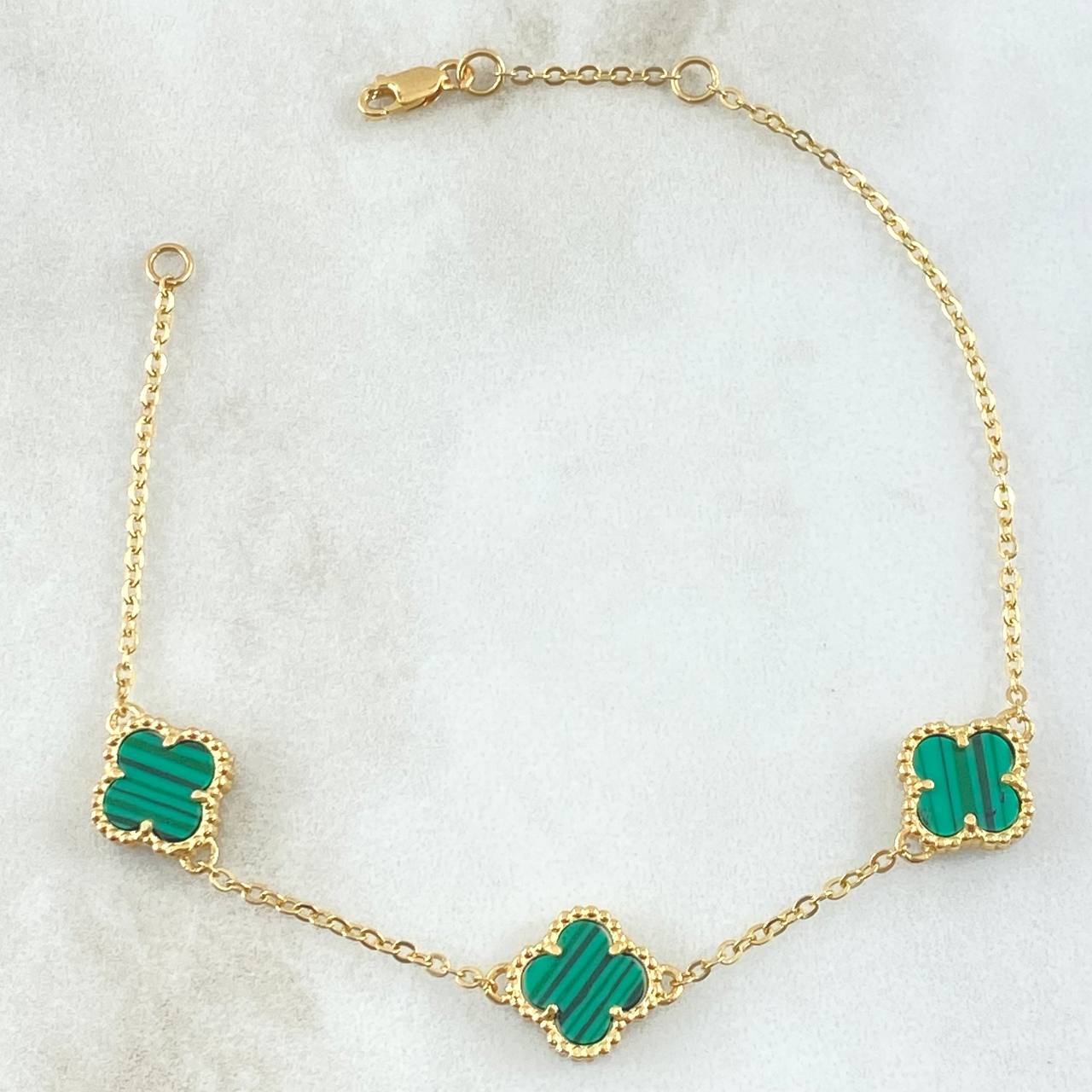 Classic Link Bracelet Clover VCyA 4.25gr / 17cm-19cm / 1.5mm Adjustable Green Malachite Dotted 18K Yellow Gold