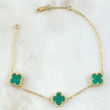 Classic Link Bracelet Clover VCyA 4.25gr / 17cm-19cm / 1.5mm Adjustable Green Malachite Dotted 18K Yellow Gold