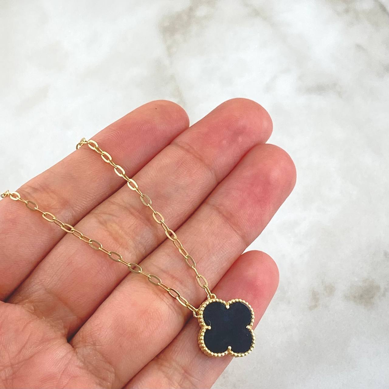 Classic Link Chain Clover VCyA 4.5gr / 50cm / 1.5mm Black Onyx Dotted Yellow Gold 18K