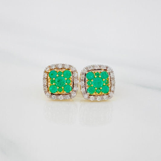 Stud Earrings Halo Emeralds 2.3 g / in / 7.9 mm Two Yellow White Gold 18K