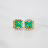 Stud Earrings Halo Emeralds 2.3 g / in / 7.9 mm Two Yellow White Gold 18K