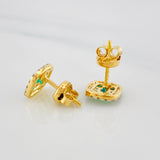 Stud Earrings Halo Emeralds 2.3 g / in / 7.9 mm Two Yellow White Gold 18K
