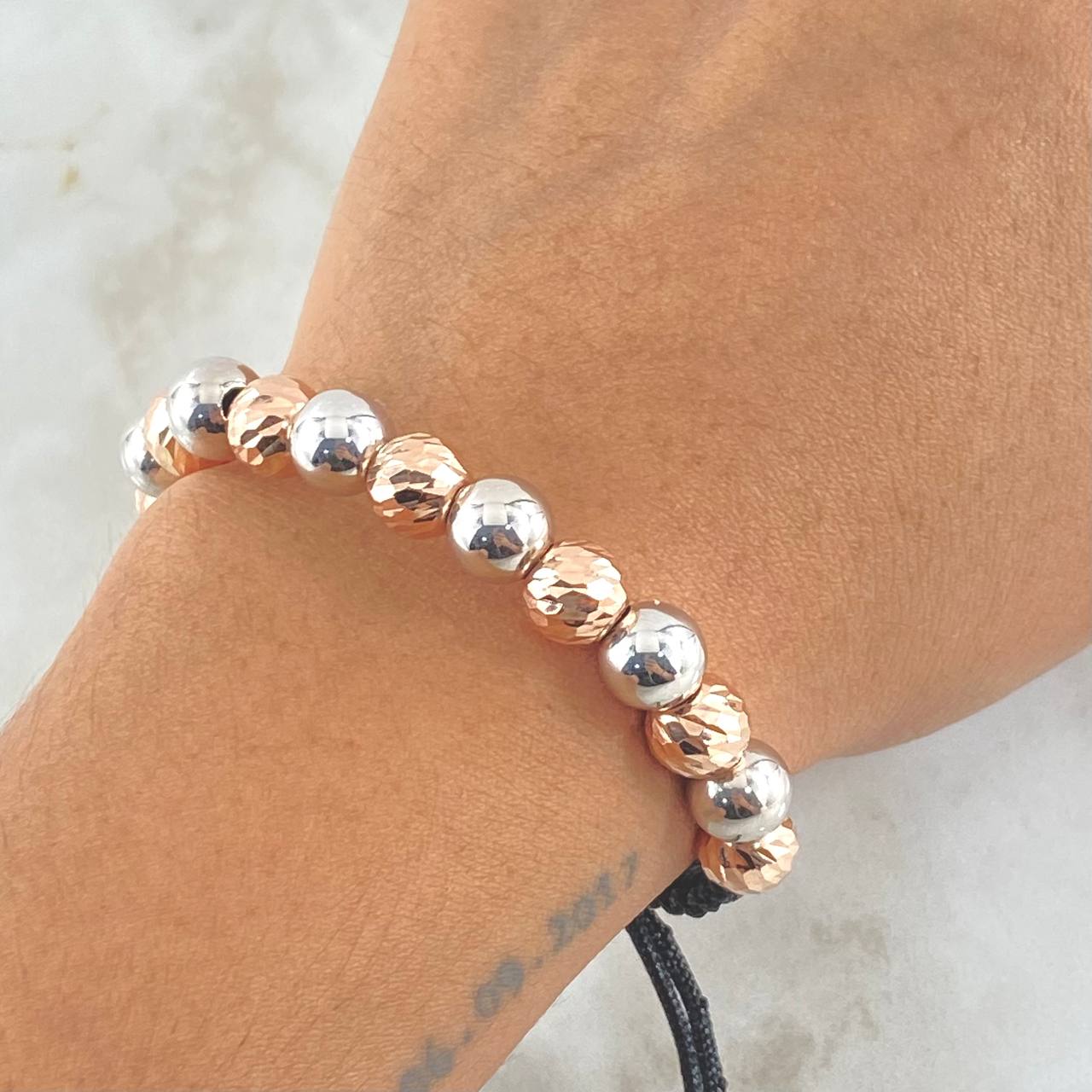 Black Bracelet Beads 5gr / 8mm Diamond Cut 8pcs - Polished 7pcs Two-tone White Rose Gold 18K ©