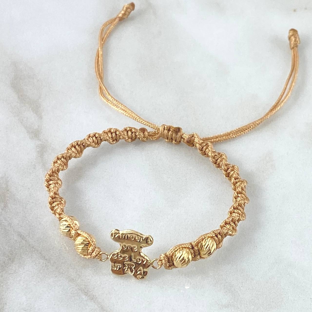Beige Bracelet Charm Textured Bear 1.15gr / 5mm Beads Diamond Cut 4pcs 18K Yellow Gold ©