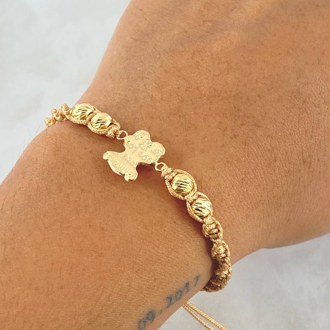 Beige Bracelet Charm Textured Bear 1.15gr / 5mm Beads Diamond Cut 4pcs 18K Yellow Gold *