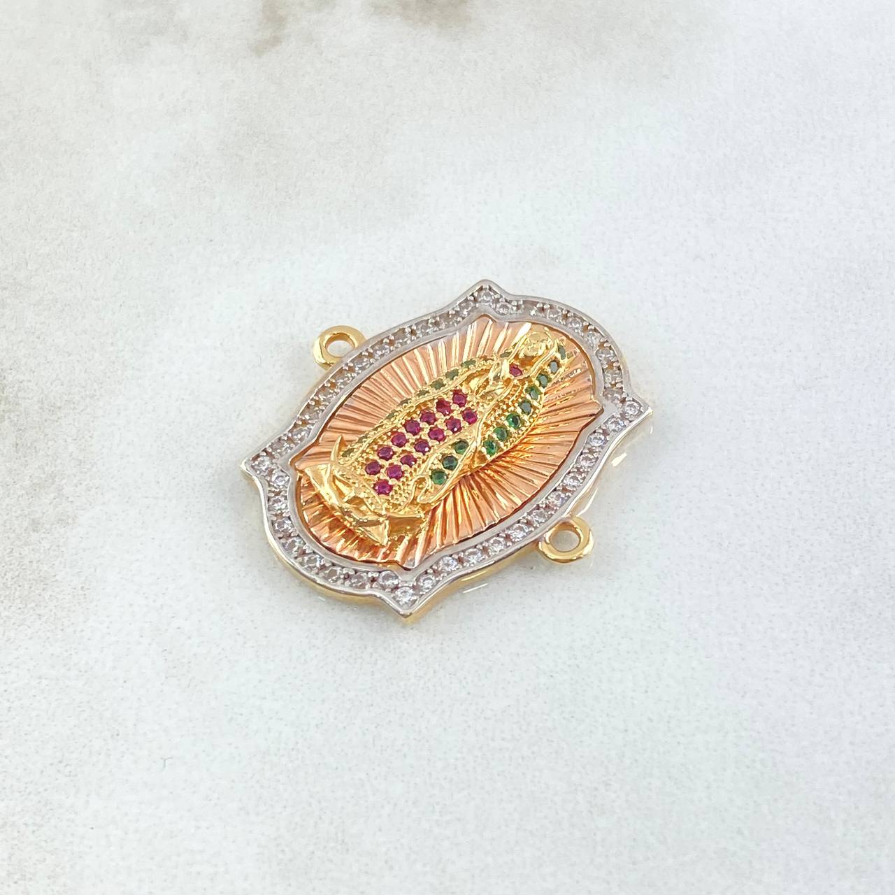 Charm Virgin Guadalupe Punctuated Frame 6.55gr / 2.6cm / White Green Fuchsia Zircons Three 18K Gold ©