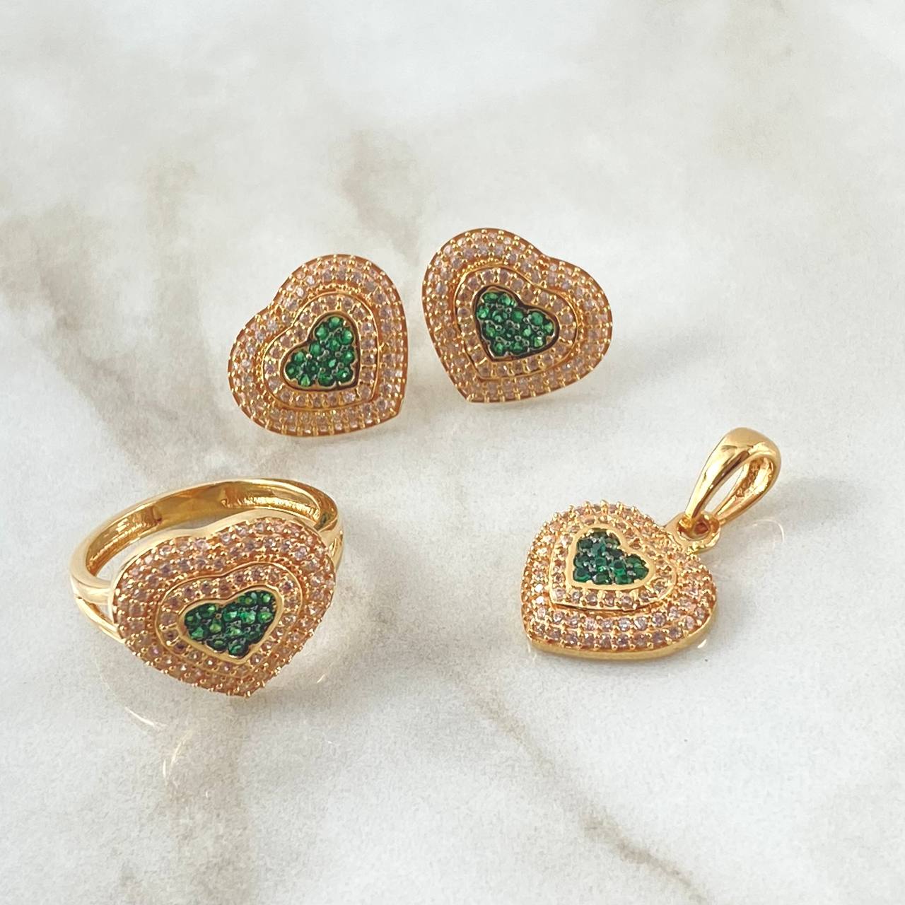 Set Halo Corazón Tupido - Topos 1.3cm - Dije 2.3cm - Anillo T7 12.75gr / Circones Blancos Verdes Oro Amarillo 18K ©