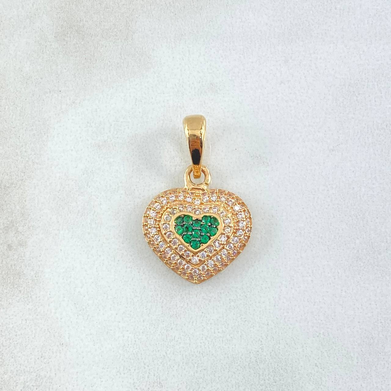 Set Halo Corazón Tupido - Topos 1.3cm - Dije 2.3cm - Anillo T7 12.75gr / Circones Blancos Verdes Oro Amarillo 18K ©