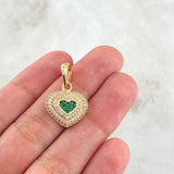 Set Halo Corazón Tupido - Topos 1.3cm - Dije 2.3cm - Anillo T7 12.75gr / Circones Blancos Verdes Oro Amarillo 18K ©