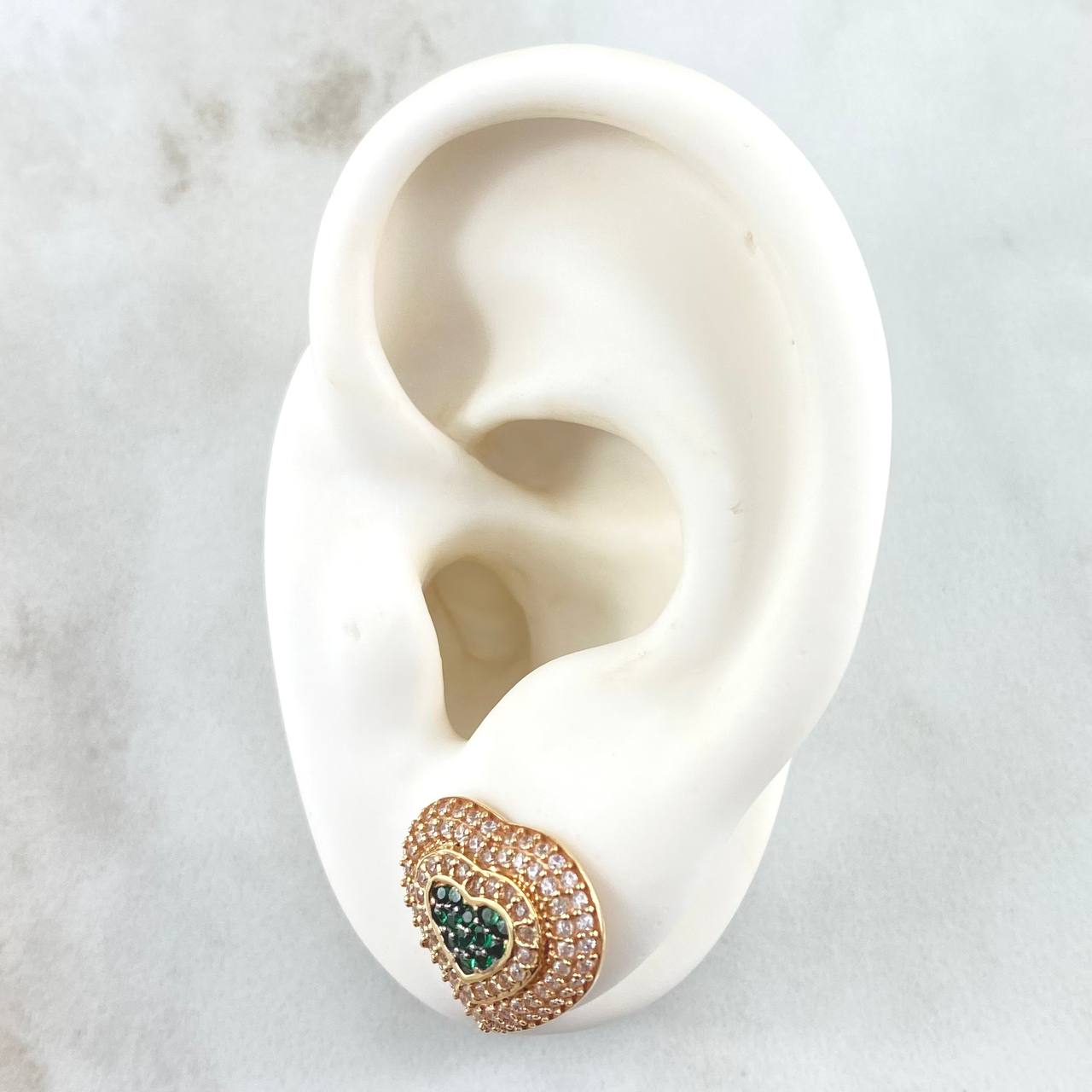 Set Halo Corazón Tupido - Topos 1.3cm - Dije 2.3cm - Anillo T7 12.75gr / Circones Blancos Verdes Oro Amarillo 18K ©