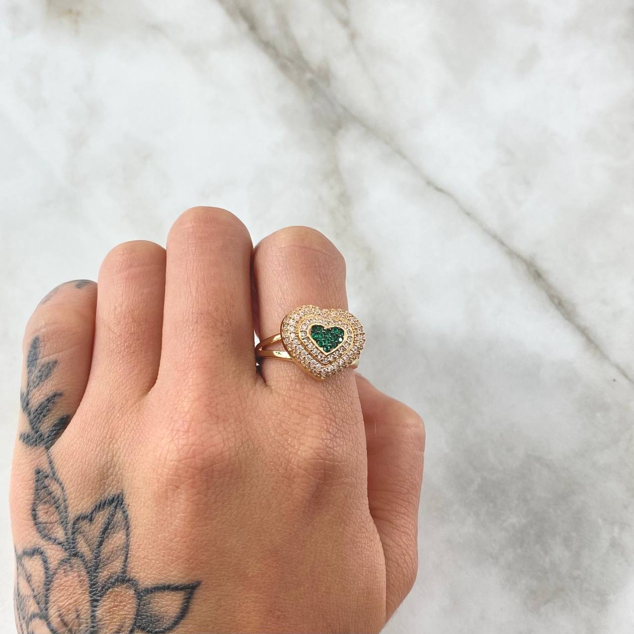 Set Halo Corazón Tupido - Topos 1.3cm - Dije 2.3cm - Anillo T7 12.75gr / Circones Blancos Verdes Oro Amarillo 18K ©