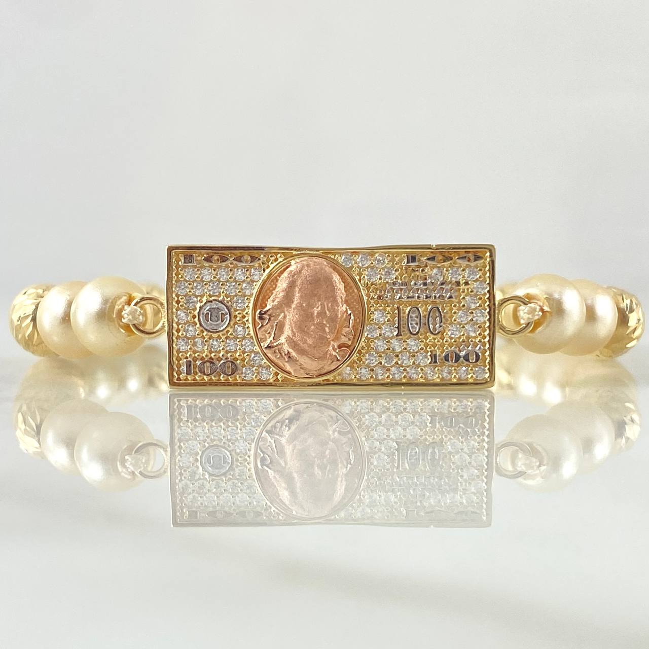 Ivory Bracelet Charm Dollar 4.2gr / 6mm Beads Diamond Cut 6 units White Zircons Three 18K Golds