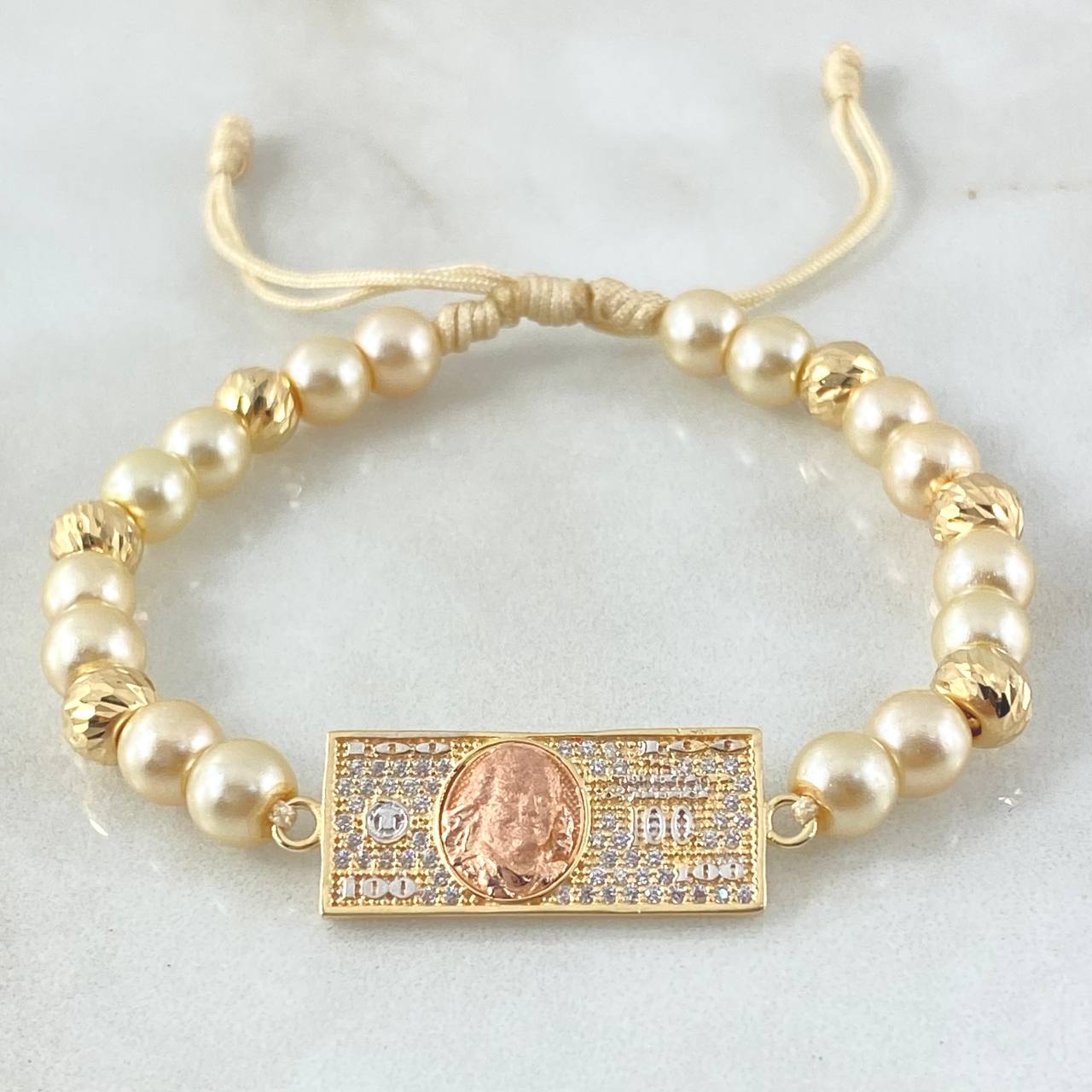 Ivory Bracelet Charm Dollar 4.2gr / 6mm Beads Diamond Cut 6 units White Zircons Three 18K Golds