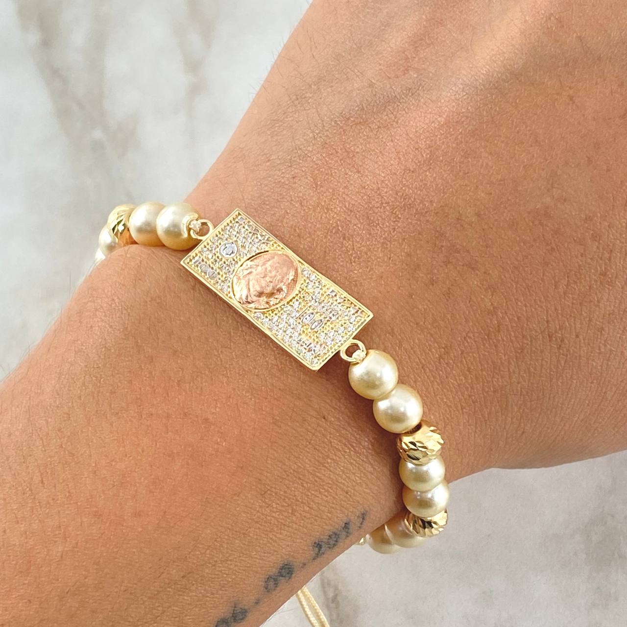 Ivory Bracelet Charm Dollar 4.2gr / 6mm Beads Diamond Cut 6 units White Zircons Three 18K Golds