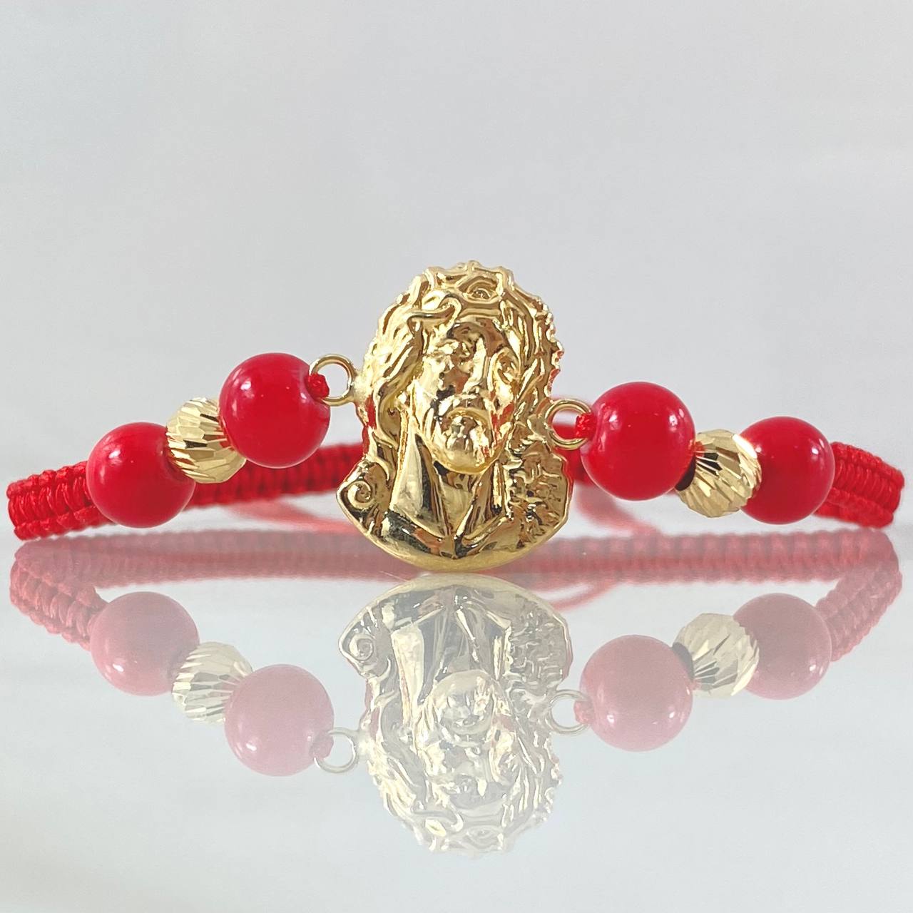 Pulsera Roja Herraje Rostro Jesus 1.45gr / 5mm Bolas Diamantadas 2und Oro Amarillo 18K