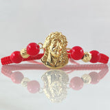 Pulsera Roja Herraje Rostro Jesus 1.45gr / 5mm Bolas Diamantadas 2und Oro Amarillo 18K