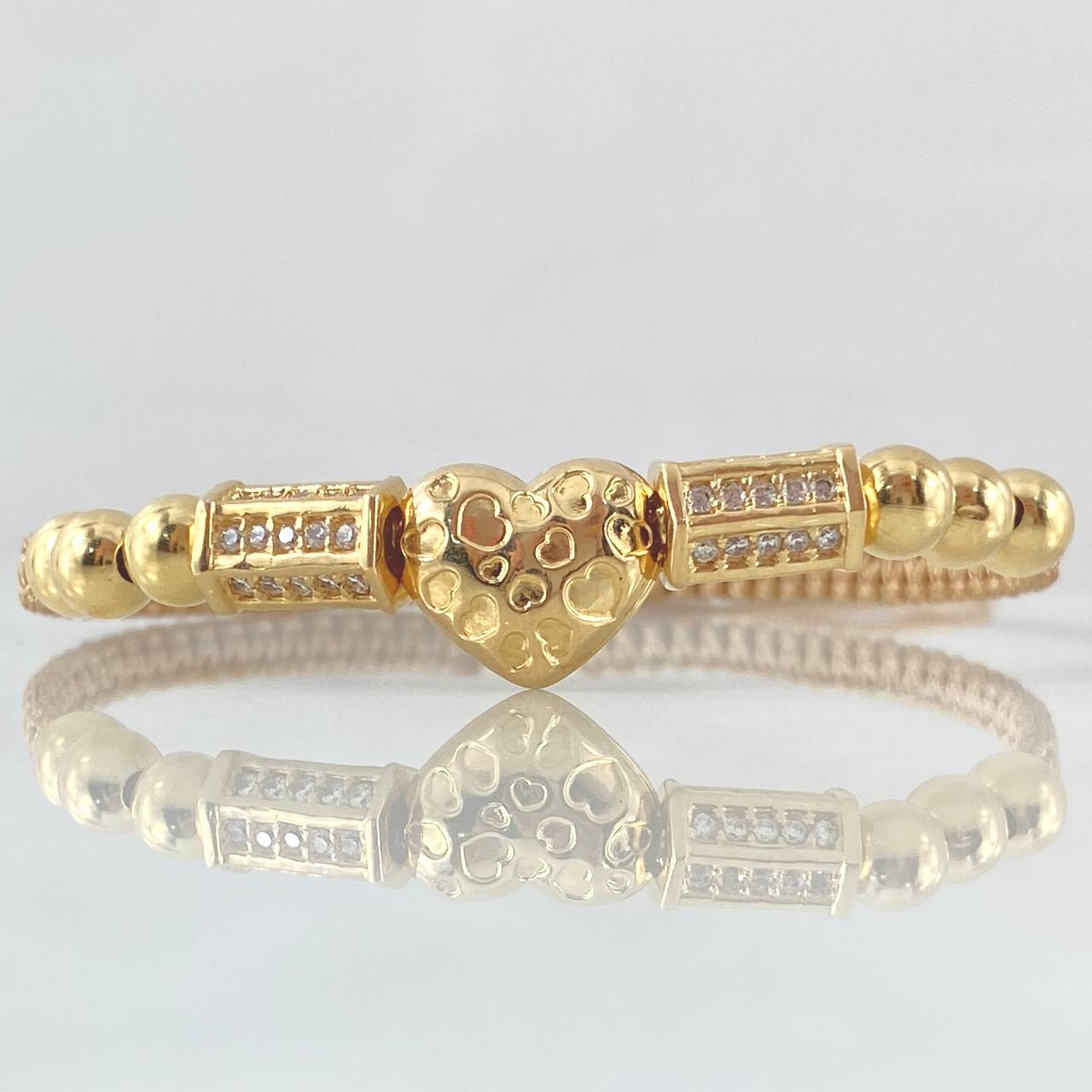Pulsera Beige Corazon Troquelado 5.1gr / 5mm Bolas Lisas 6und Circones Blancos Oro Amarillo 18K