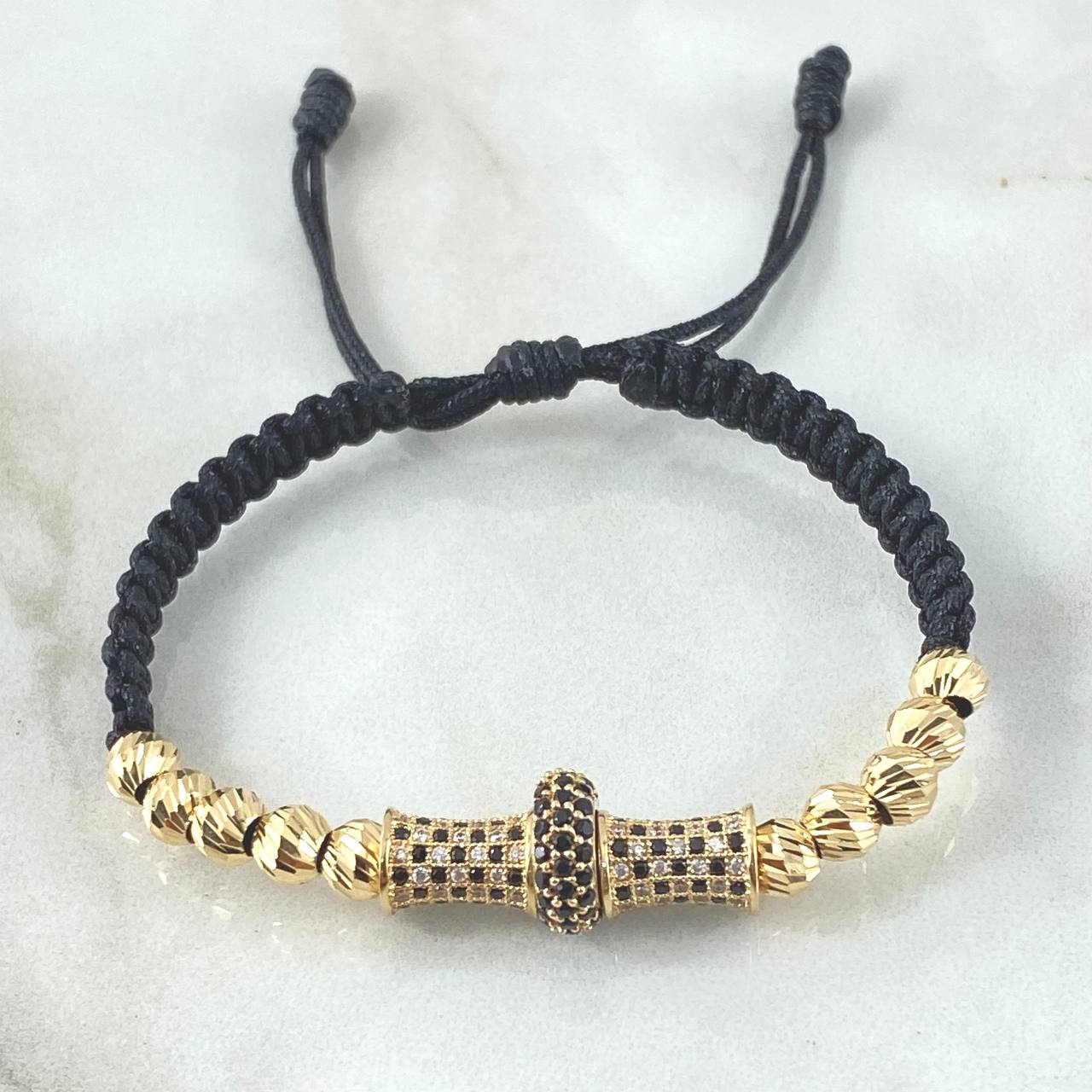 Black Bracelet Charm Cylinder Wheel 5.4gr / 5mm Beads Diamond Cut 10pcs White Black Zircons Yellow Gold 18K