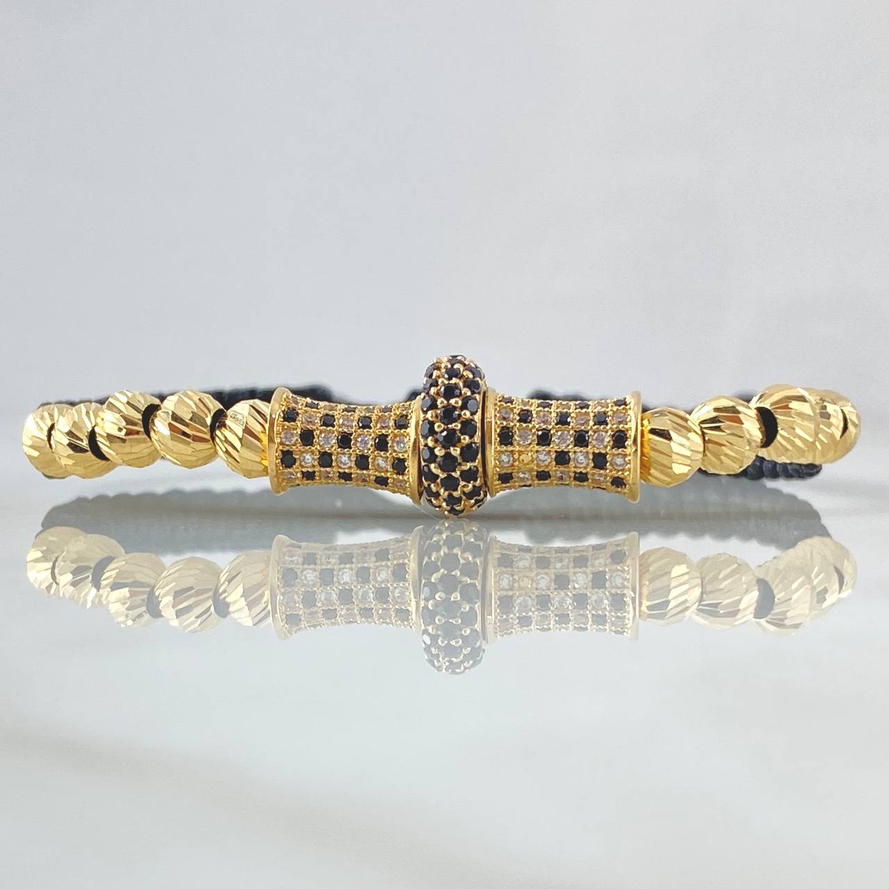 Black Bracelet Charm Cylinder Wheel 5.4gr / 5mm Beads Diamond Cut 10pcs White Black Zircons Yellow Gold 18K