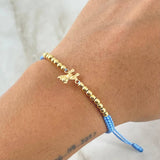 Pulsera Azul Herraje Oso Manito Arriba 1.15gr / 3mm Bolas Lisas 16und Oro Amarillo 18K *