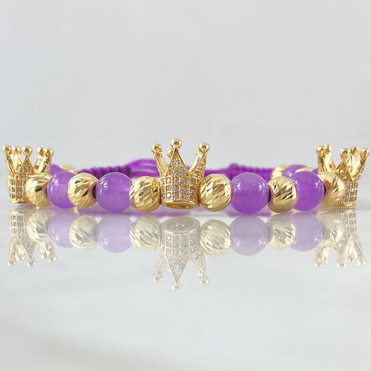 Purple Bracelet Charm Dotted Crown 7.5gr / 6mm Beads Diamond Cut 12 units White Zircons Yellow Gold 18K *