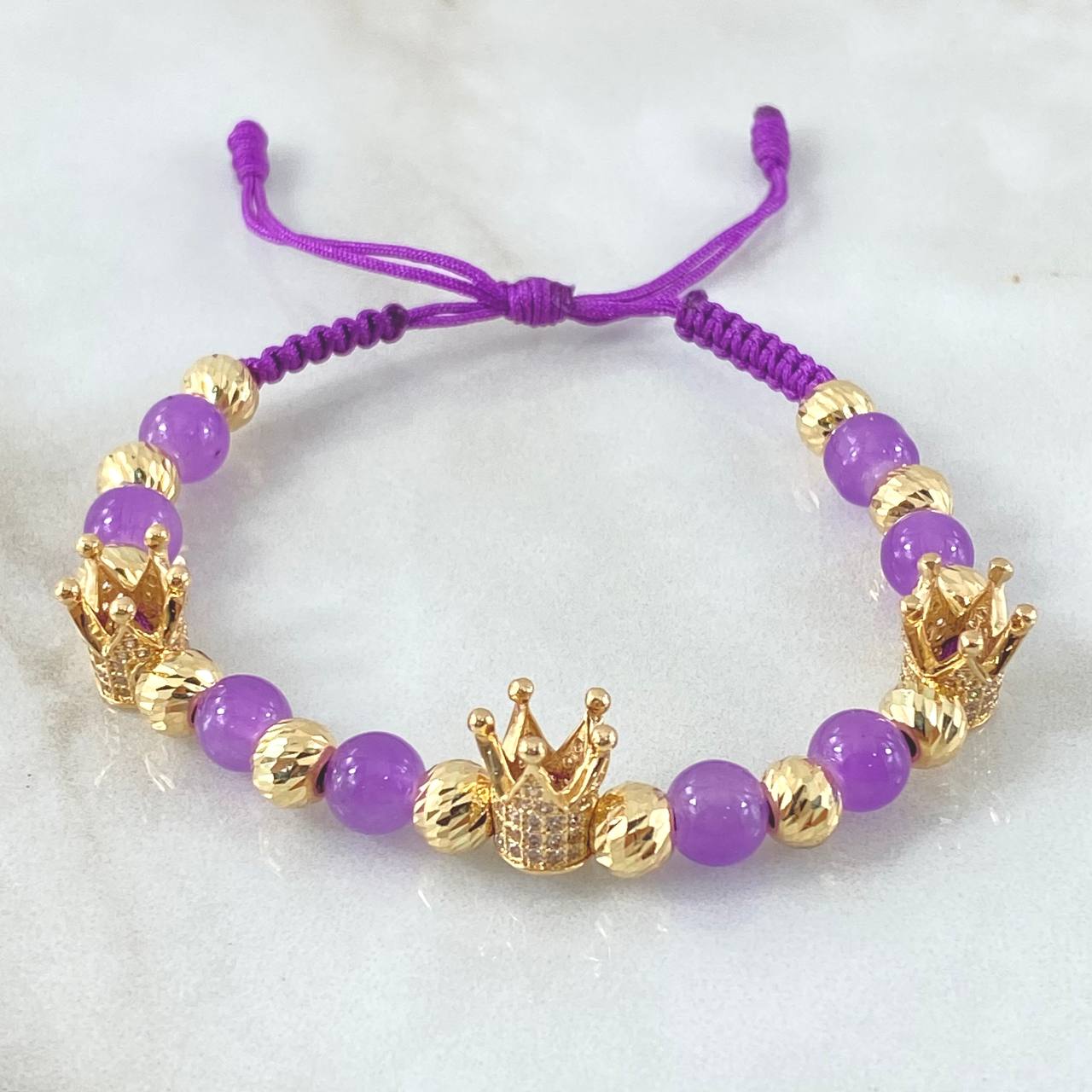 Purple Bracelet Charm Dotted Crown 7.5gr / 6mm Beads Diamond Cut 12 units White Zircons Yellow Gold 18K *