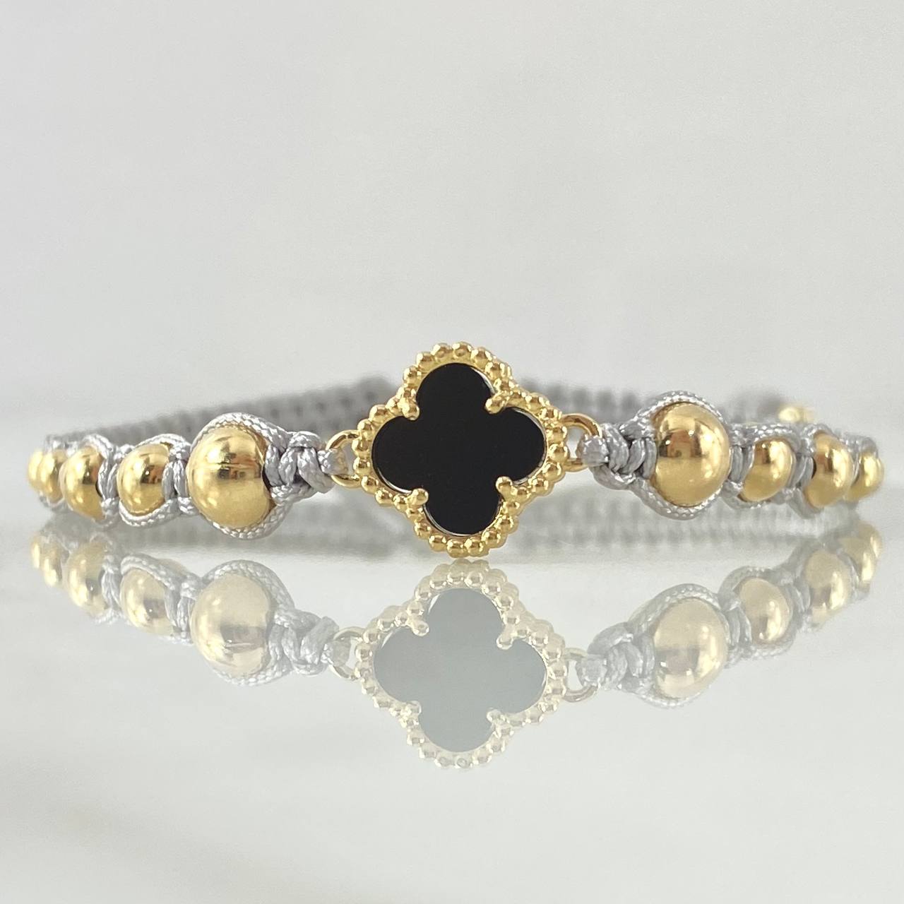 Pulsera Gris Herraje Flor Trebol 2.1gr / 3mm-4mm-5mm Bolas Lisas 12und Oro Amarillo 18K *