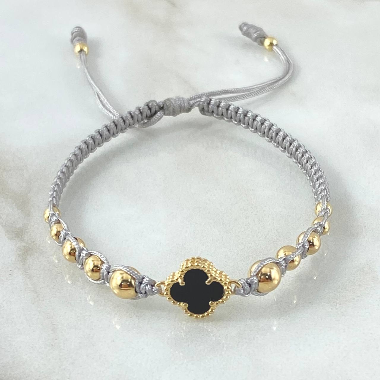 Pulsera Gris Herraje Flor Trebol 2.1gr / 3mm-4mm-5mm Bolas Lisas 12und Oro Amarillo 18K *