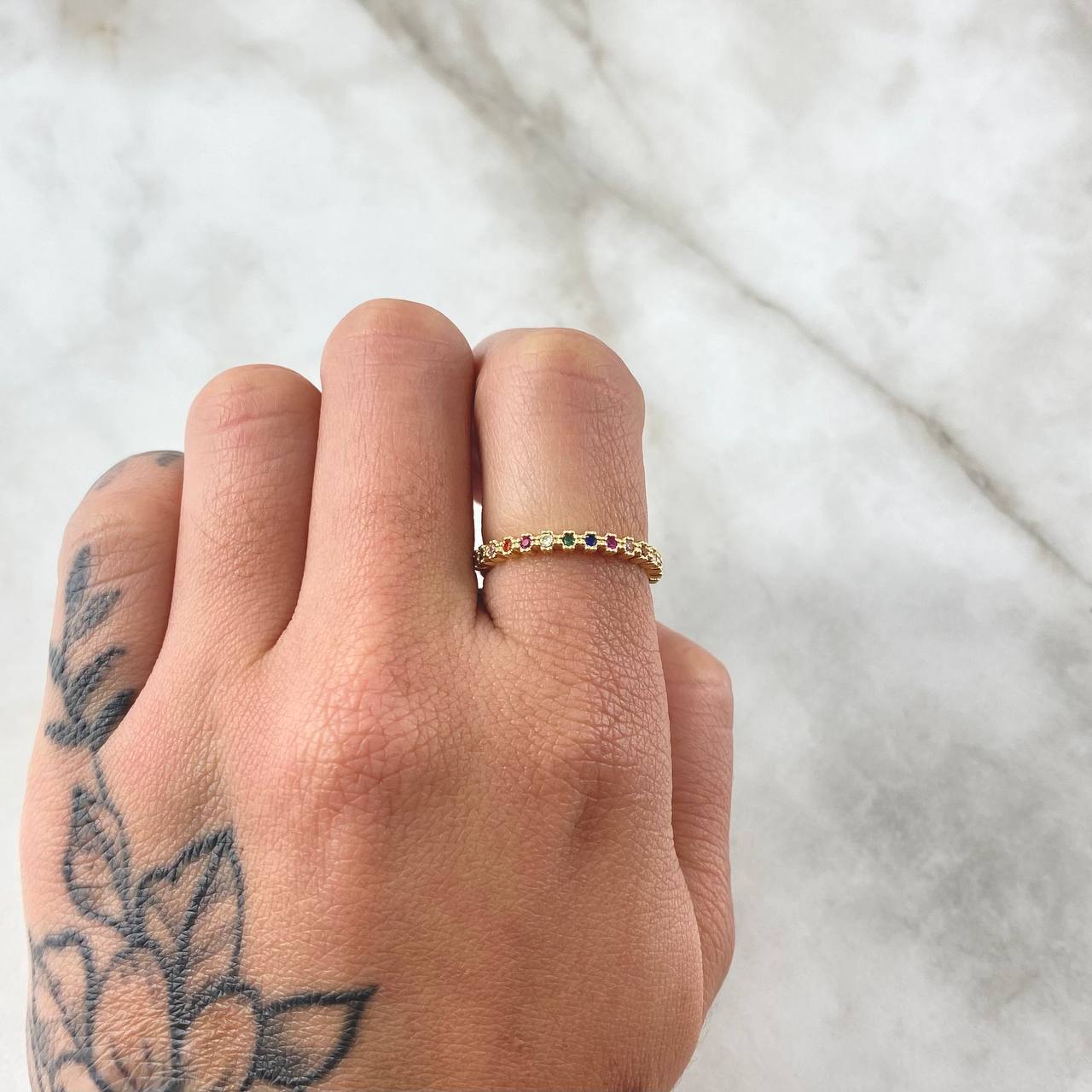 Anillo Ojos Carril Tupido Arcoiris 1.7gr / T5 3/4 / Circones Multicolor Oro Amarillo 18K *