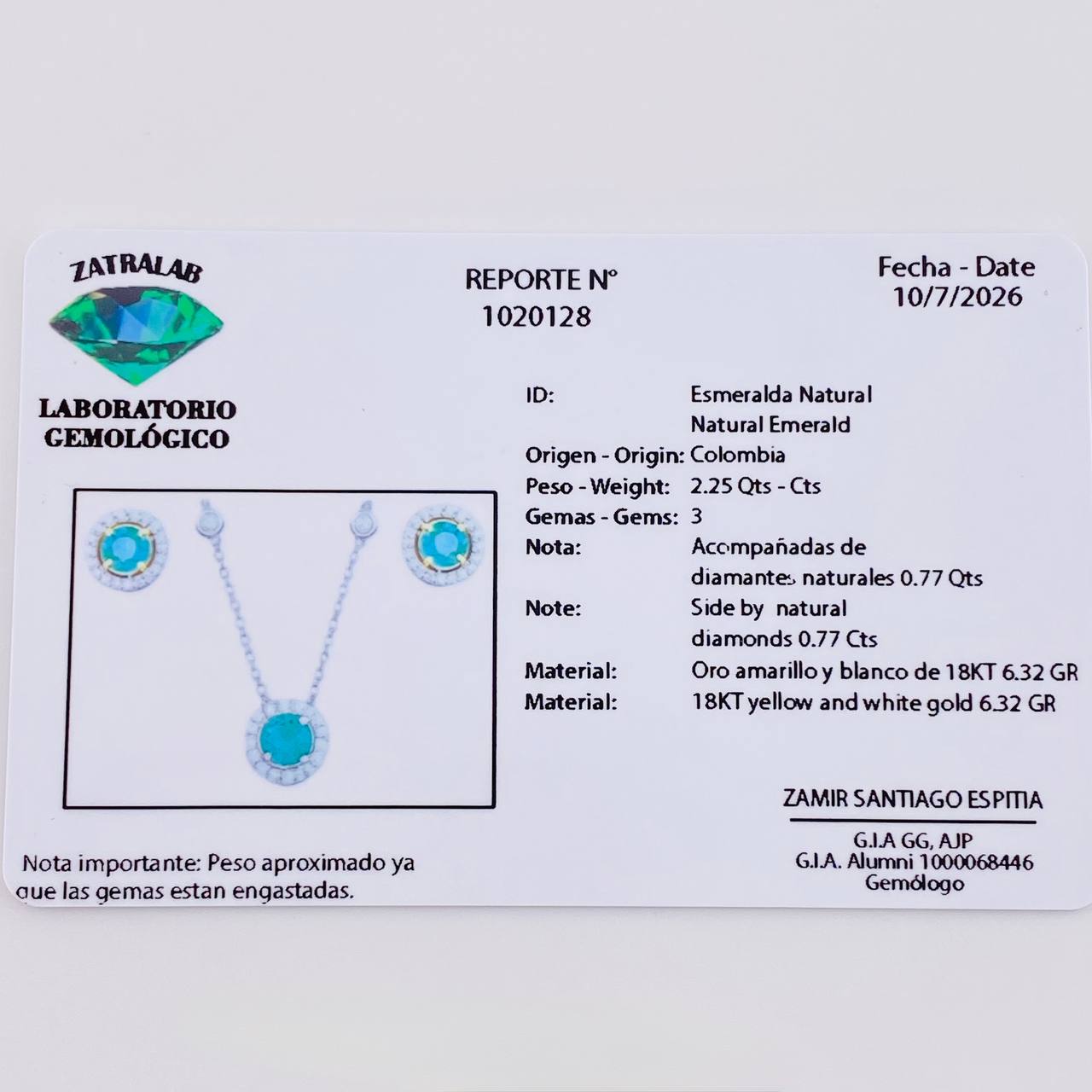 Set Chain Stud Earrings Circle Four Prongs Emerald 2.25pts Diamonds 77pts 6.65g / 18 in / 1mm Two Golds Yellow White 18K