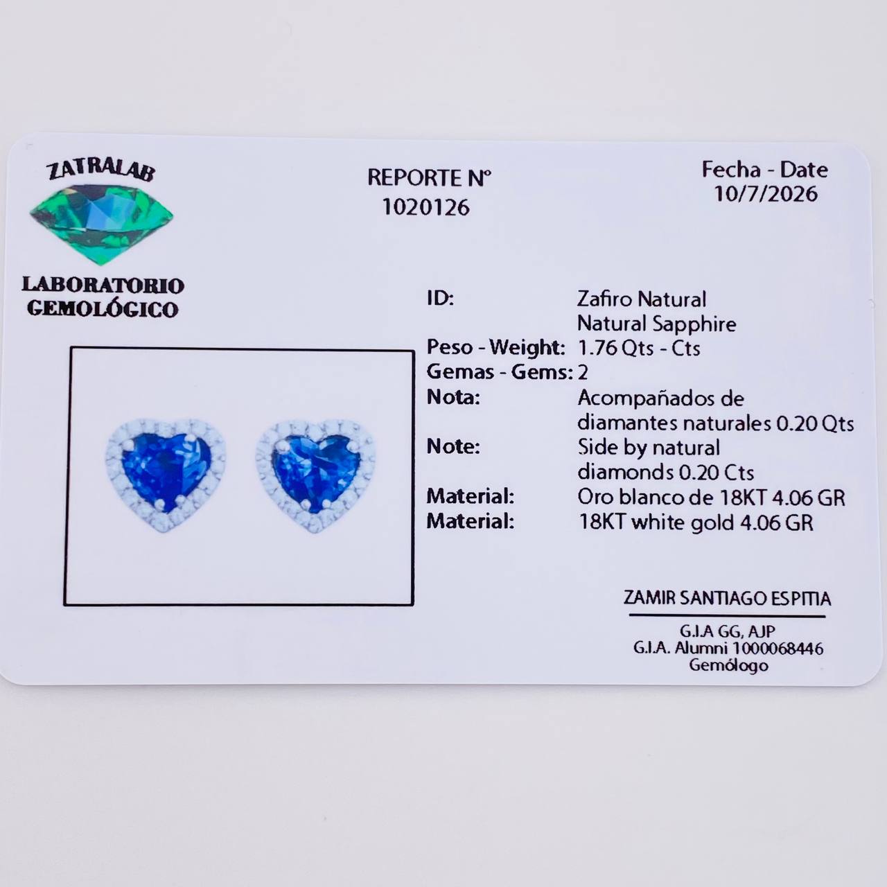Topos Corazón Doble Zafiro 1.76pts Diamantes 20pts 4.15g / in / 9.6mm Oro Blanco 18K