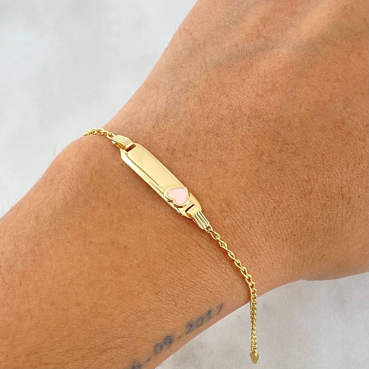 Bracelet Baby Wheat Rectangular Plate Heart 1.65gr / 5.5in-6.3in / 1.6mm Pink Resin Adjustable 18K Yellow Gold ©