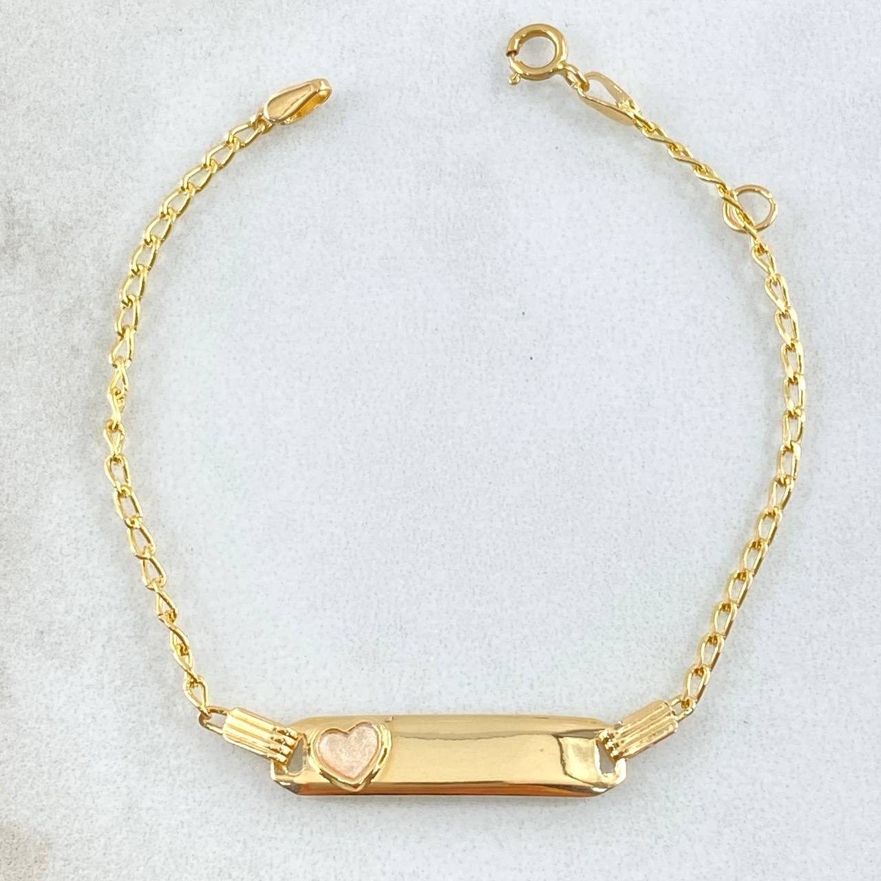 Pulso Bebé Espiga Placa Rectungar Corazón 1.6gr / 12cm-14cm / 1.6mm Resina Perlada Graduable Oro Amarillo 18K