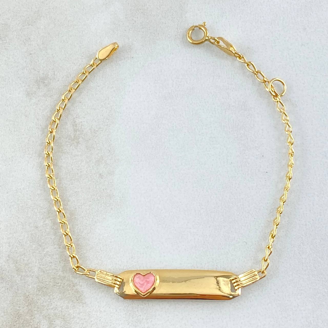Pulso Bebé Espiga Placa Rectangular Corazón 1.65gr / 12cm-14cm / 1.6mm Resina Fucsia Graduable Oro Amarillo 18K