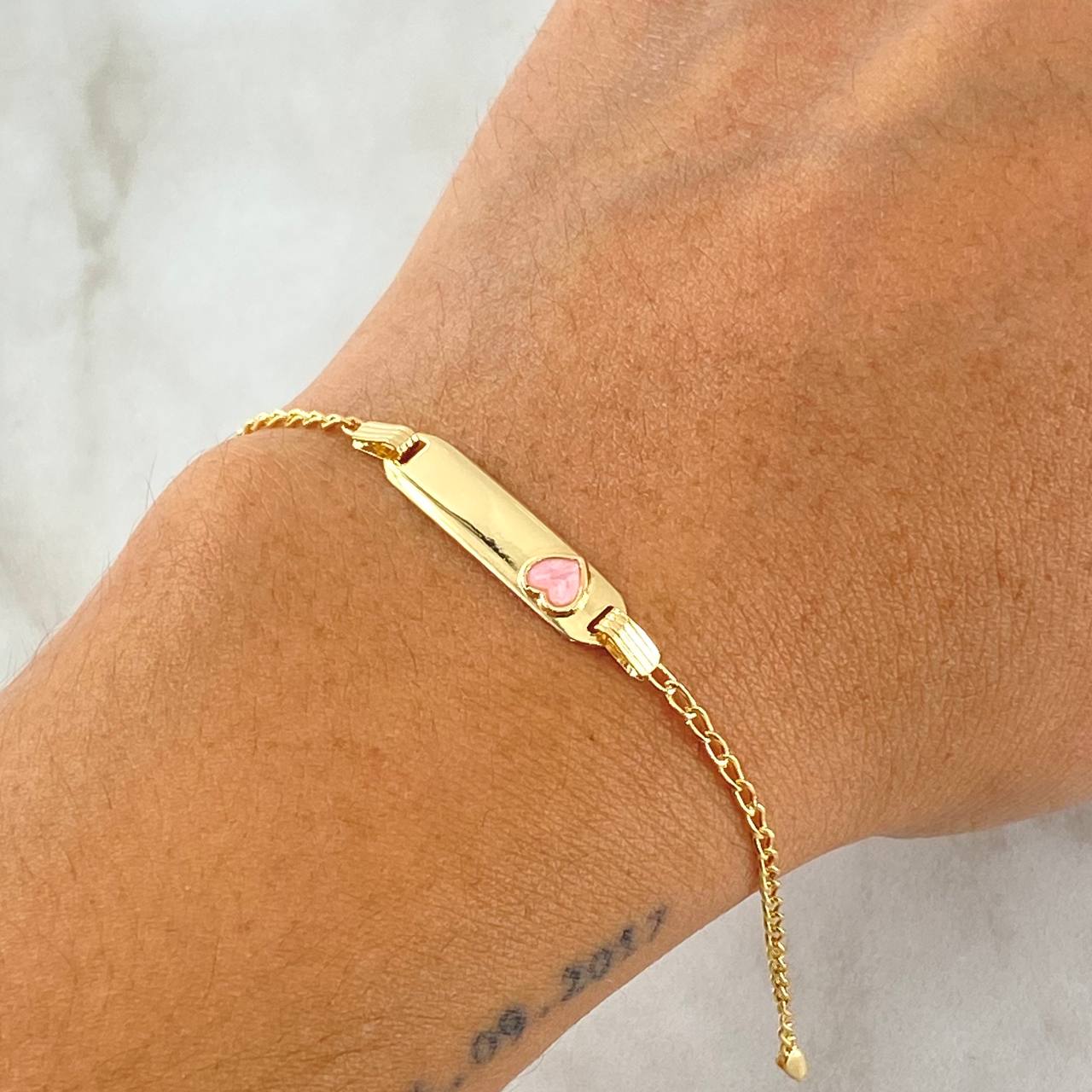 Pulso Bebé Espiga Placa Rectangular Corazón 1.7gr / 12cm-14cm / 1.6mm Resina Fucsia Graduable Oro Amarillo 18K