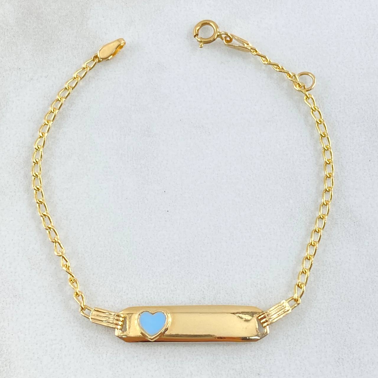 Pulso Bebé Espiga Placa Rectangular Corazón 1.75gr / 12cm-14cm / 1.6mm Resina Azul Graduable Oro Amarillo 18K