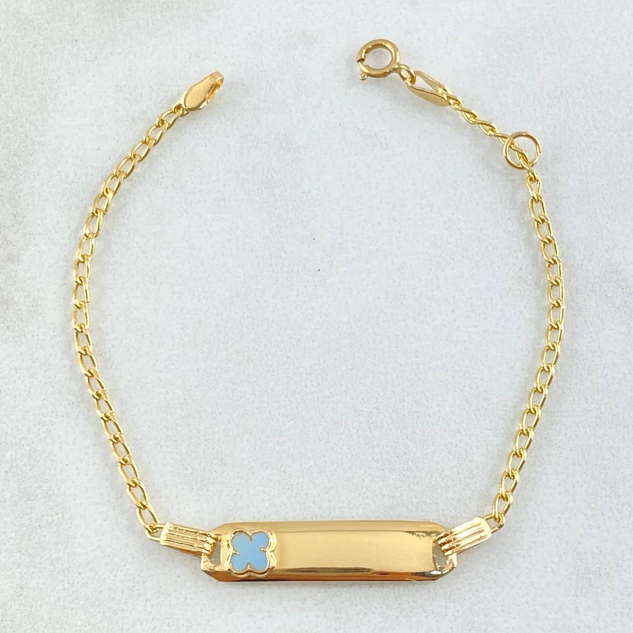 Pulso Bebé Espiga Placa Rectangula Trebol 1.7gr / 12cm-14cm / 1.6mm Resina Azul Graduable Oro Amarillo 18K